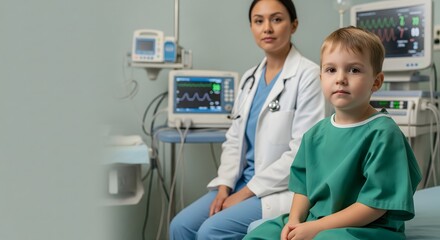 Young child patient sitting beside a female doctor in a hospital room with medical monitors, representing pediatric healthcare, child treatment, medical care, trust between doctor and patient
