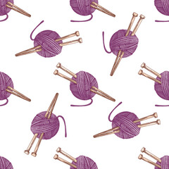 Hand drawn vintage seamless pattern of purple yarn balls with knitting needles, colored sketch