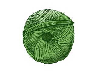 Hand drawn vintage sketch of green yarn ball in engraving style, isolated vector illustration