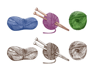 Hand drawn vintage sketch of knitting yarn balls and needles set in colored and monochrome version, vector illustration