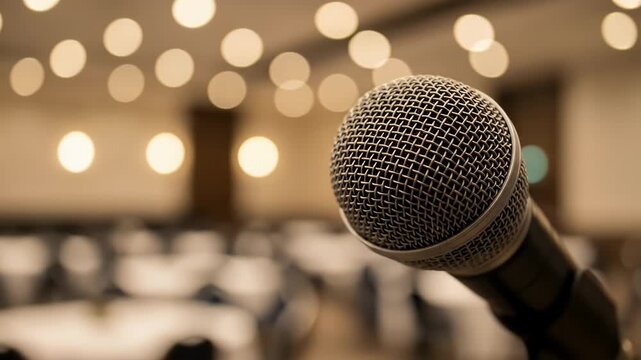 Professional Microphone on Stage Ready for Presentation or Performance with Soft Bokeh Lights Background
