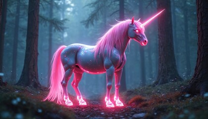 Futuristic cybernetic unicorn glows brightly with pink mane and horn in dark misty forest. Its body has electronic circuits and glowing body parts. Creature stands on path in woods.