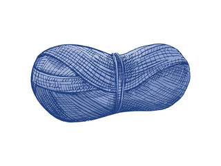 Hand drawn vintage sketch of ball of yarn with wooden knitting needles in purple color, isolated vector illustration