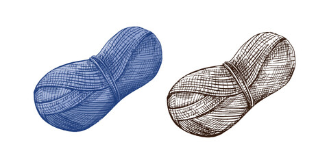 Hand drawn vintage sketch of yarn skein in blue color and monochrome version, isolated vector illustration set