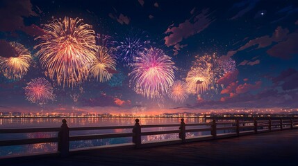 Vibrant fireworks display over serene waterfront at night