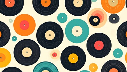 A vibrant, repeating pattern of vinyl records and colorful circles on a neutral background, evoking a retro feel