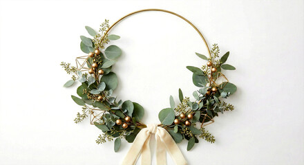 Modern Eucalyptus and Gold Geometric Wreath with Cream Ribbon image photo