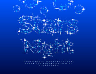 Vector Magic poster Stars Night. Sparkling Shiny Font. Decorative Alphabet Letters and Numbers set. 