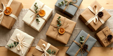 Overhead View of Neatly Wrapped Gifts with Natural Decorations presents top view