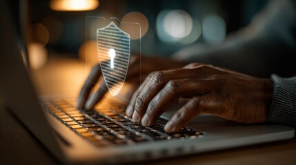 Typing on laptop with digital security shield icon