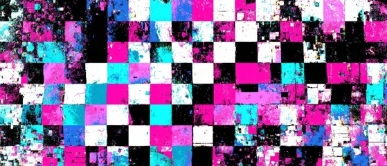 Glitchy pixel explosion with neon digital blocks