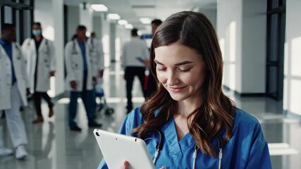 A cheerful young female nurse in scrubs, holding a digital tablet and smiling, standing in a bright hospital corridor with doctors and medical staff blurred in the background - Powered by Adobe