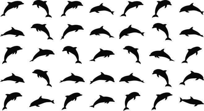 Dolphin silhouette grid, leaping poses, swimming icons, marine animal pattern, black sea life, ocean wildlife illustration