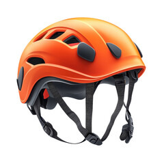 Orange climbing helmet in modern design with black straps and ventilation holes in bright studio lighting for outdoor adventure isolated on transparent background