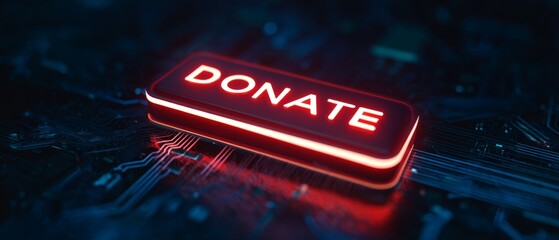 Glowing red DONATE button on circuit board interface