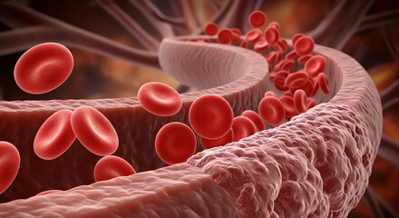 3D illustration of red blood cells flowing through cutaway artery or vein blood vessel