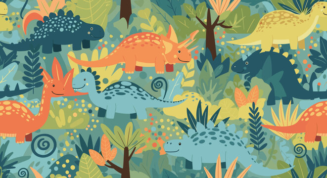 Colorful and seamless pattern featuring cute, friendly cartoon dinosaurs like T-rex and stegosaurus in a prehistoric jungle setting.