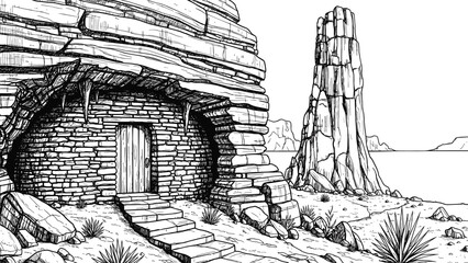 Fototapeta premium Desert shelter, stone house, rocky landscape, survival dwelling, arid terrain, yucca plants, remote nature, vector art, CAD drawing, illustration