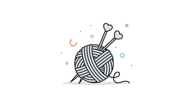 Minimalist icon of a gray ball of yarn with two knitting needles topped with hearts, representing a love for knitting or crafts.