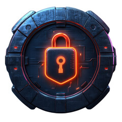 Padlock Icon in Cyberpunk Style with Neon Orange Glow on Dark Metallic Surface for Cybersecurity isolated on transparent background