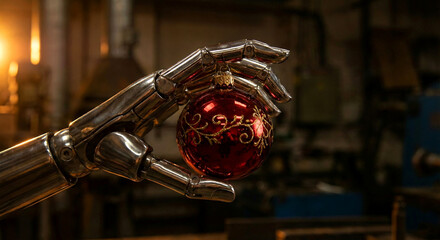 Robotic Hand Holding a Red Christmas Ornament with Intricate Gold Pattern artificial intelligence