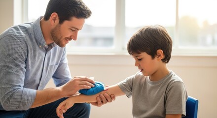 Obraz premium A man and a boy sitting on chairs, with the boy holding a blue ice pack on his arm.