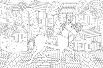 coloring book page for adults and kids. horse walking on cobblestone street in a little town with blooming trees