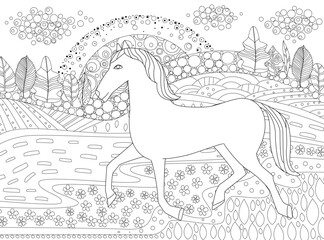 coloring book page for adults and kids. abstract rural field landscape with sunrise and horse