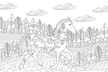 coloring book page for adults and kids. abstract cloudy rural field landscape with decorated flowering horse