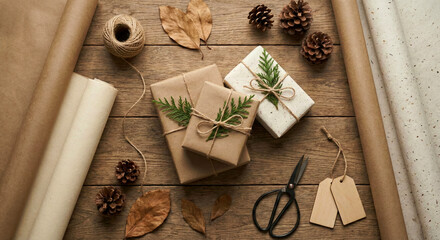 Rustic Christmas Gift Wrapping Station with Kraft Paper Twine and Scissors image photo