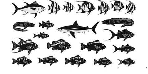 Fish Silhouettes Collection, Marine Life Species Set, Tuna, Shark, Eel, Angelfish Vector Graphic, Minimalist Aquatic Illustration