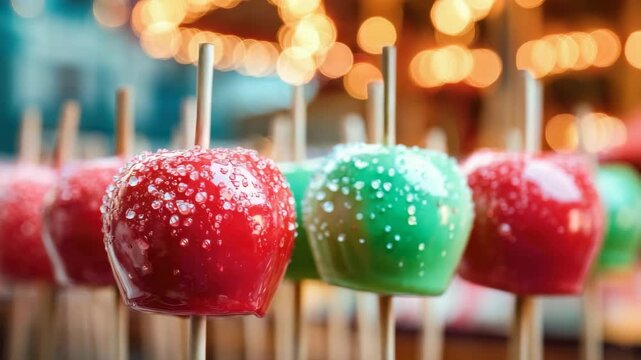 Closeup of Red and Green Caramel Apples Covered in Sugar on Wooden Sticks with Blurred Background of Festive Lights and Bokeh