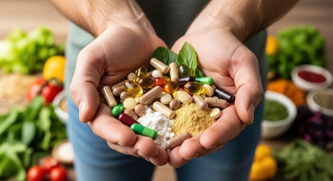 A person holding a variety of colorful pills and supplements in their hands.