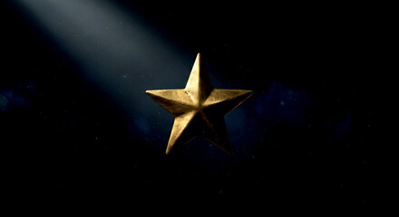 Single Golden Star Illuminated by Dramatic Spotlight in Dark Space isolated