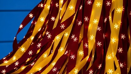 Close-up of festive red and gold ribbons with twinkling snowflake lights, creating a warm and celebratory atmosphere.