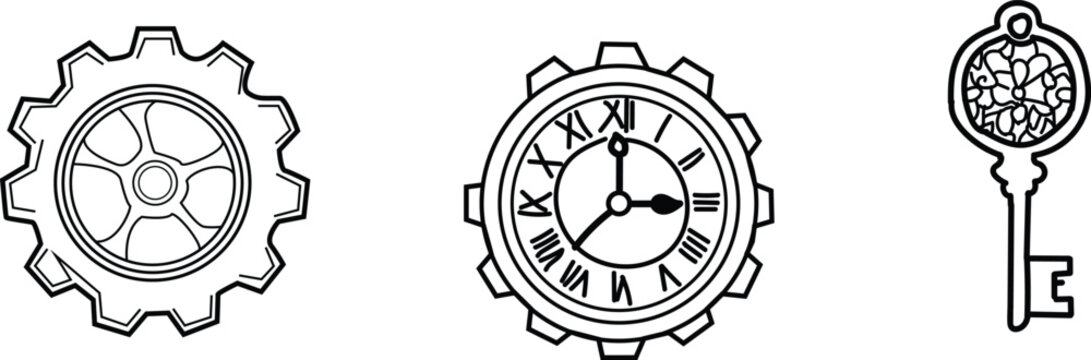 Mechanical gears and clockwork key illustrations