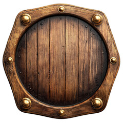 Vintage wooden door with brass rivets in rustic style with warm lighting on white background for historical decoration isolated on transparent background