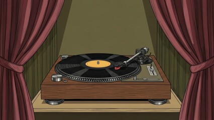 Vintage Turntable with Vinyl Record and Red Curtains.