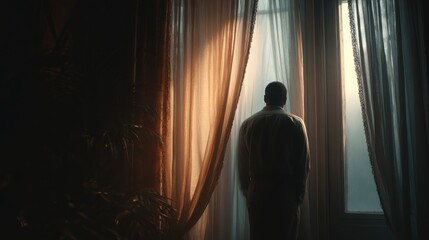 a figure standing by an open window at dusk, wind stirring sheer curtains, ambient shadows, cinematic lighting, soft emotional tension, muted colors
