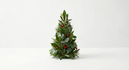 Small Decorative Christmas Tree Made of Green Leaves and Red Berries on White miniature