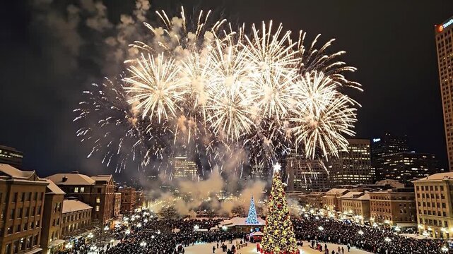 New year fireworks exploding over christmas tree in city square