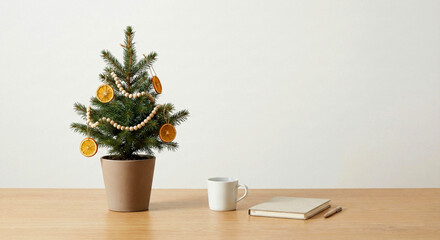 Small Potted Christmas Tree Decorated with Dried Oranges and Wooden Beads small tree potted tree