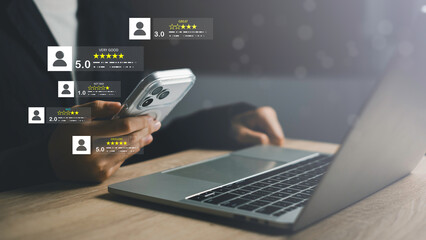 Customer browsing product reviews and star ratings on a mobile phone, reflecting user feedback and satisfaction levels from excellent to poor on an online platform.