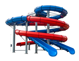 Vibrant red and blue water slides twist and spiral skyward