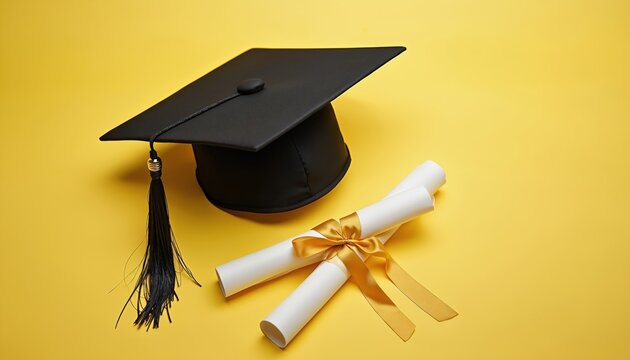 Black graduation cap and diploma scrolls tied with gold ribbon lie on pastel yellow background. Represents academic achievement, college, university, school graduation, degree, and success.