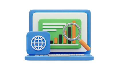 3D Laptop Analyzing Data with Magnifying Glass