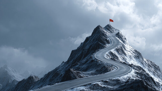 A winding road leading to a flag on top of a snow-covered mountain. The image represents the climb towards a goal, symbolizing ambition and determination