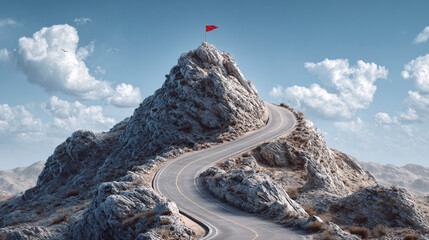 Fototapeta premium A winding road leads to the peak of a mountain under a cloudy sky, with a small flag marking the summit