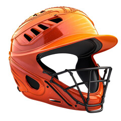 Baseball Catcher Helmet in Vibrant Orange with Black Face Mask and Protective Gear in Studio Lighting for Sports Equipment isolated on transparent background