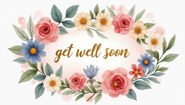 Delicate floral wreath with roses, daisies forms get well soon greeting. Soft pastel colors, green leaves create tender message for recovery, hope. Blank space for personalization inside frame. - Powered by Adobe